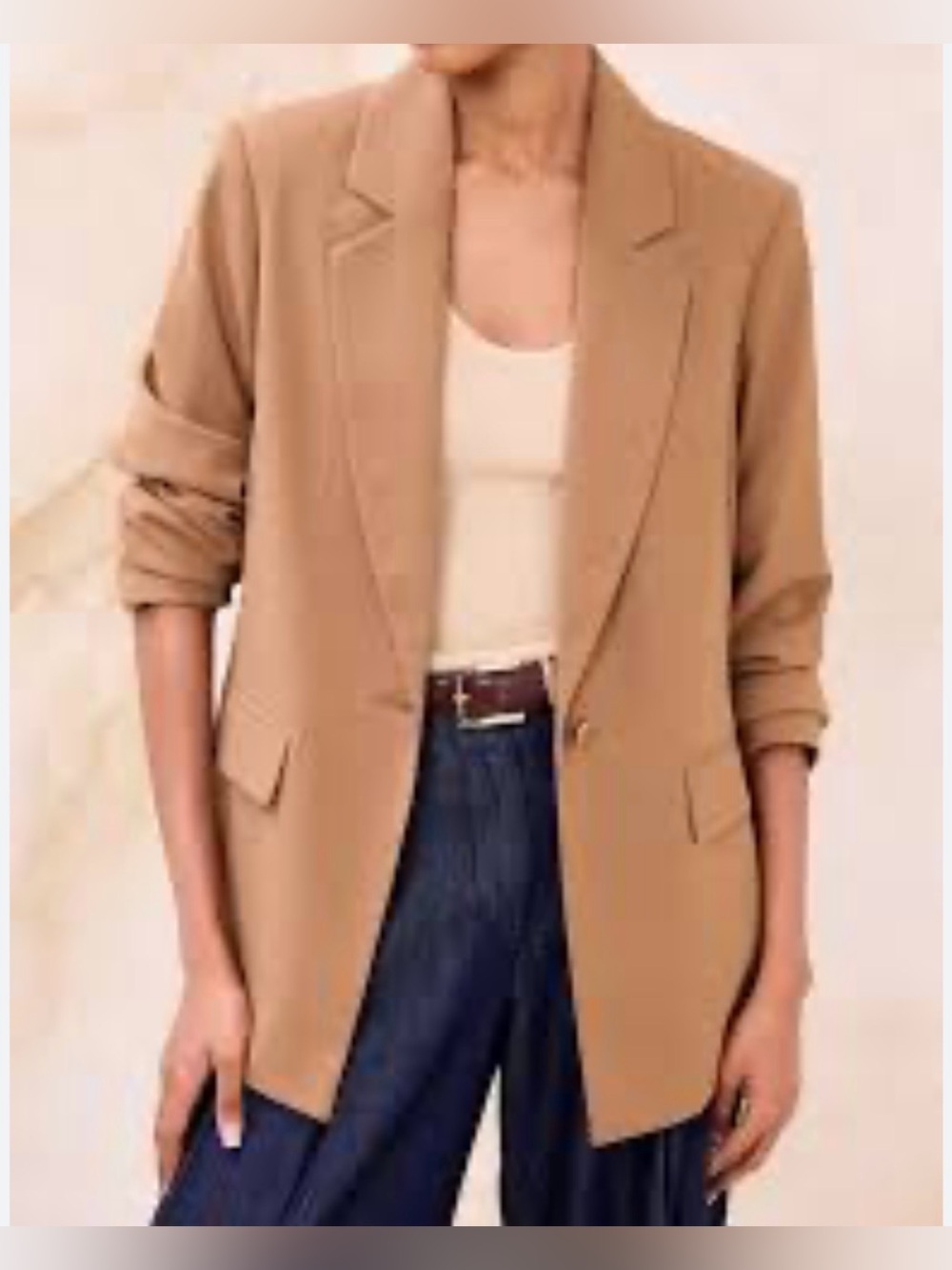 Women Large Camel Tan Single Breasted Blazer Jacket Oversized Relaxed Boyfriend